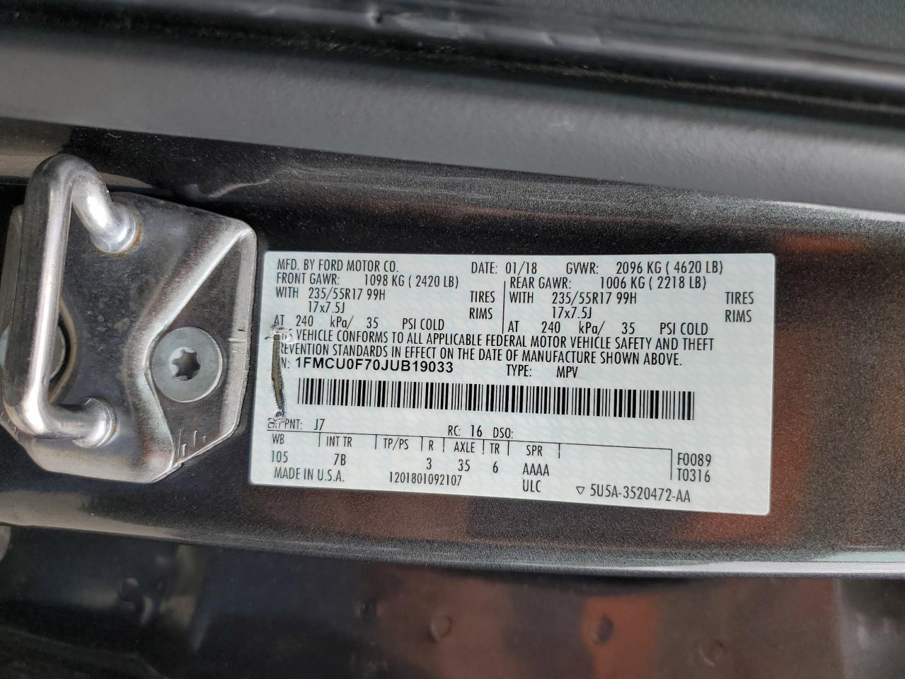 2018 Ford Escape S VIN: 1FMCU0F70JUB19033 Lot: 81407825