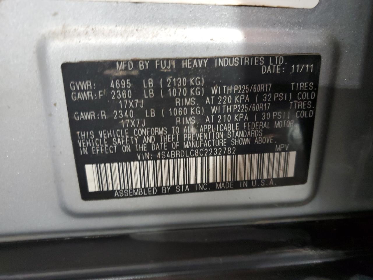 2012 Subaru Outback 3.6R Limited VIN: 4S4BRDLC8C2232782 Lot: 80387075