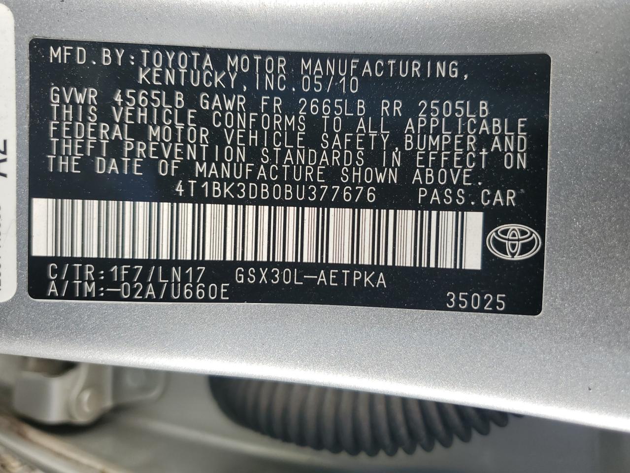 2011 Toyota Avalon Base VIN: 4T1BK3DB0BU377676 Lot: 84163255