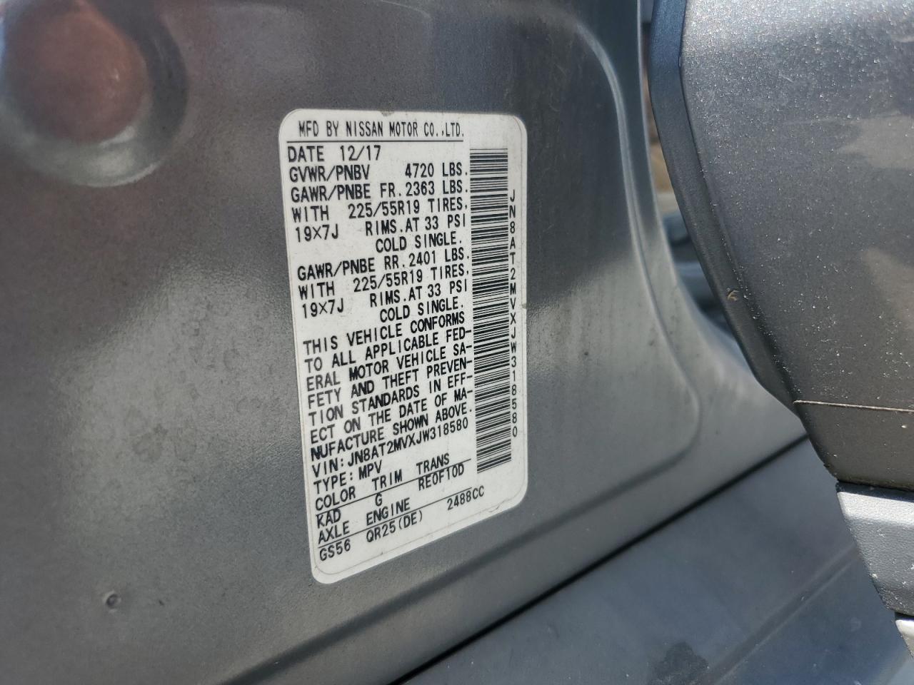 2018 Nissan Rogue S VIN: JN8AT2MVXJW318580 Lot: 80207255