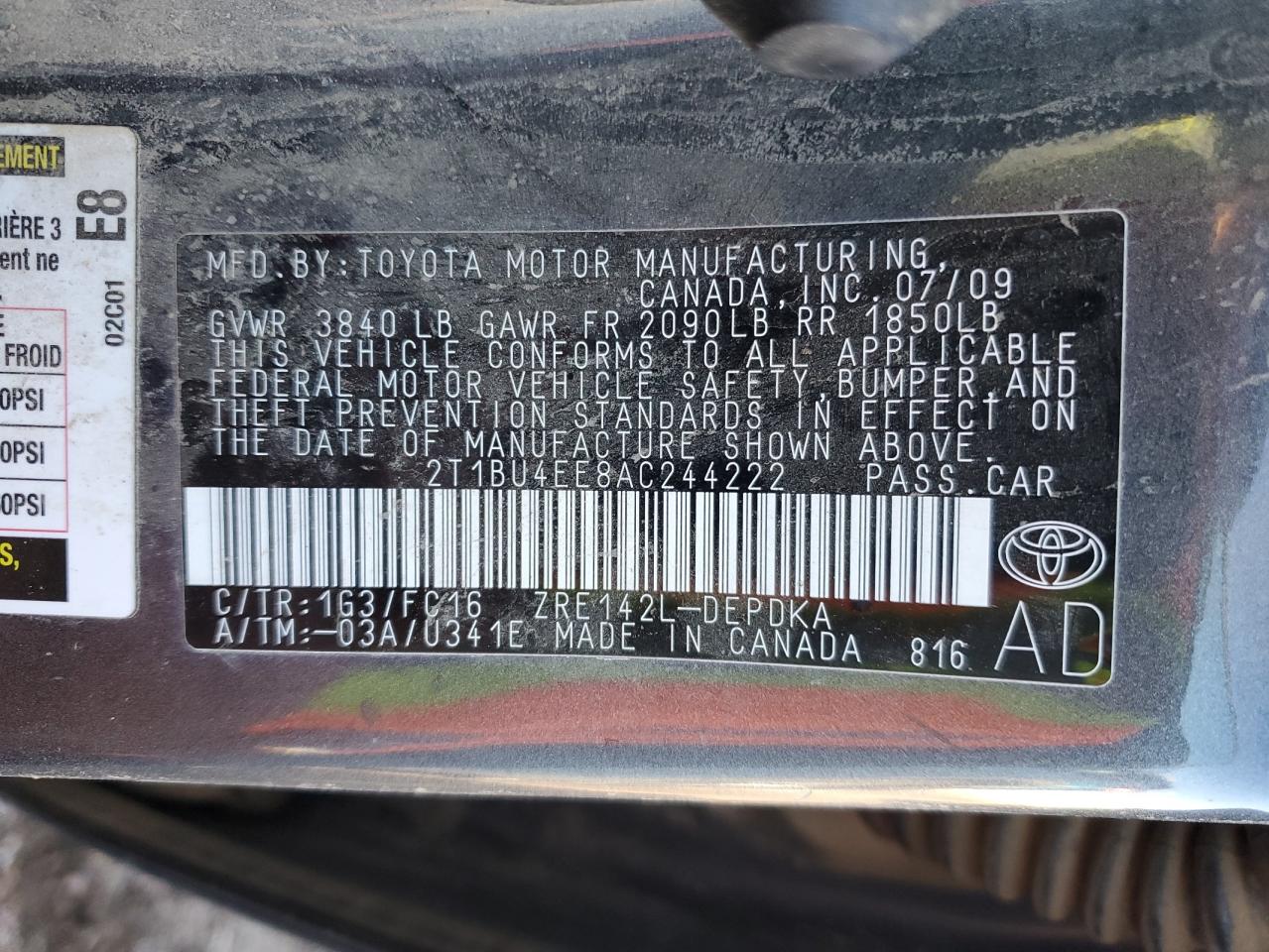 2010 Toyota Corolla Base VIN: 2T1BU4EE8AC244222 Lot: 84456505