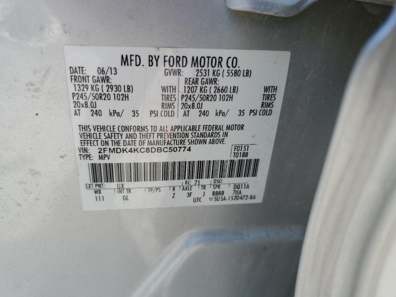 2013 Ford Edge Limited VIN: 2FMDK4KC8DBC50774 Lot: 80704985