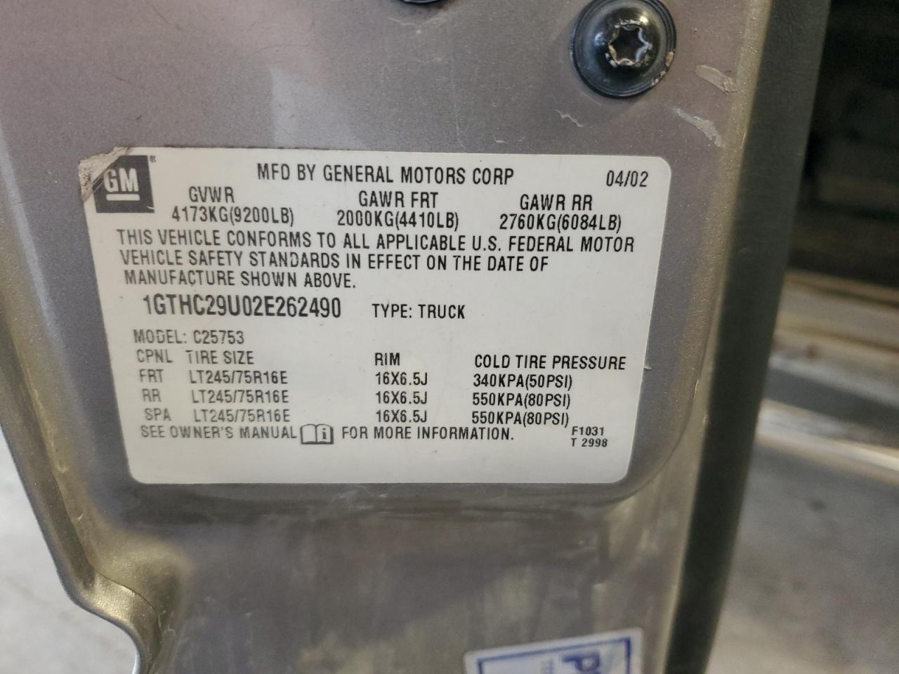 2002 GMC Sierra C2500 Heavy Duty VIN: 1GTHC29U02E262490 Lot: 82023215