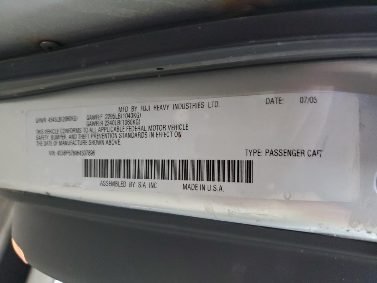 2006 Subaru Legacy Gt Limited VIN: 4S3BP676064307896 Lot: 71979855