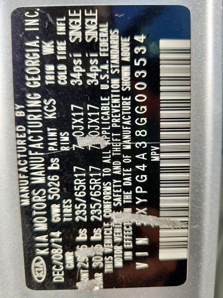 2016 Kia Sorento Lx VIN: 5XYPG4A38GG003534 Lot: 81822805