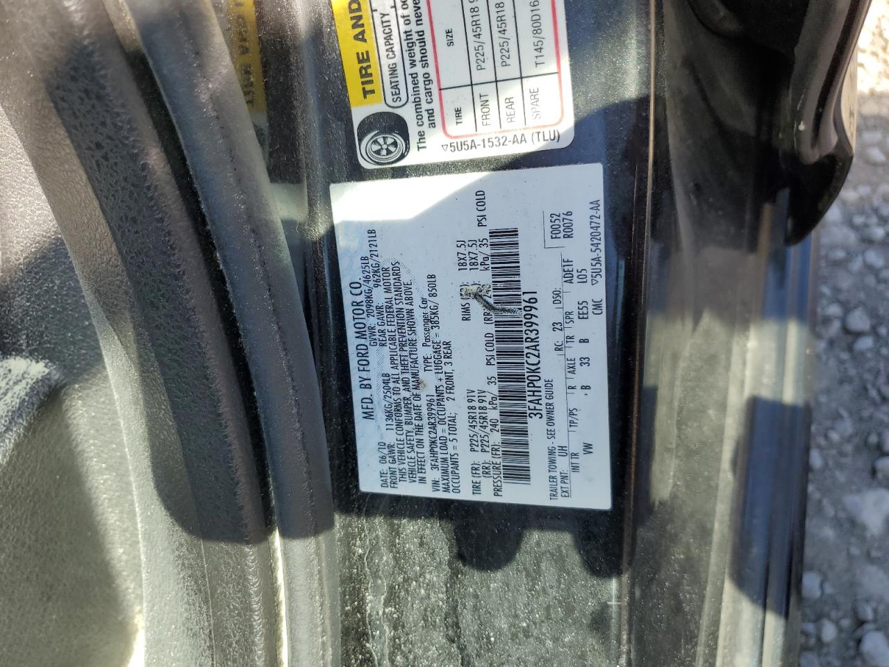 2010 Ford Fusion Sport VIN: 3FAHP0KC2AR399961 Lot: 84265245