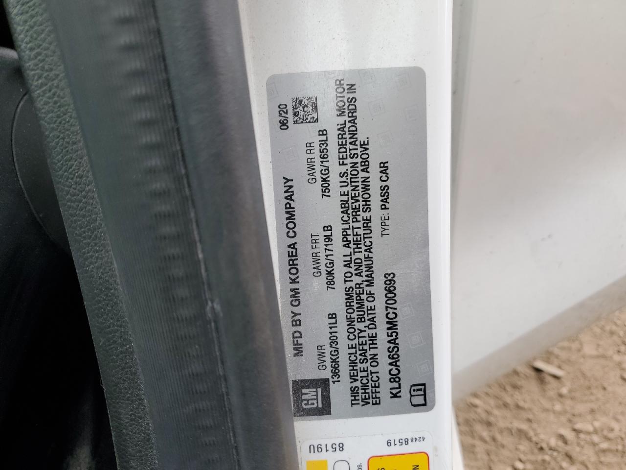 2021 Chevrolet Spark Ls VIN: KL8CA6SA5MC700693 Lot: 70726485