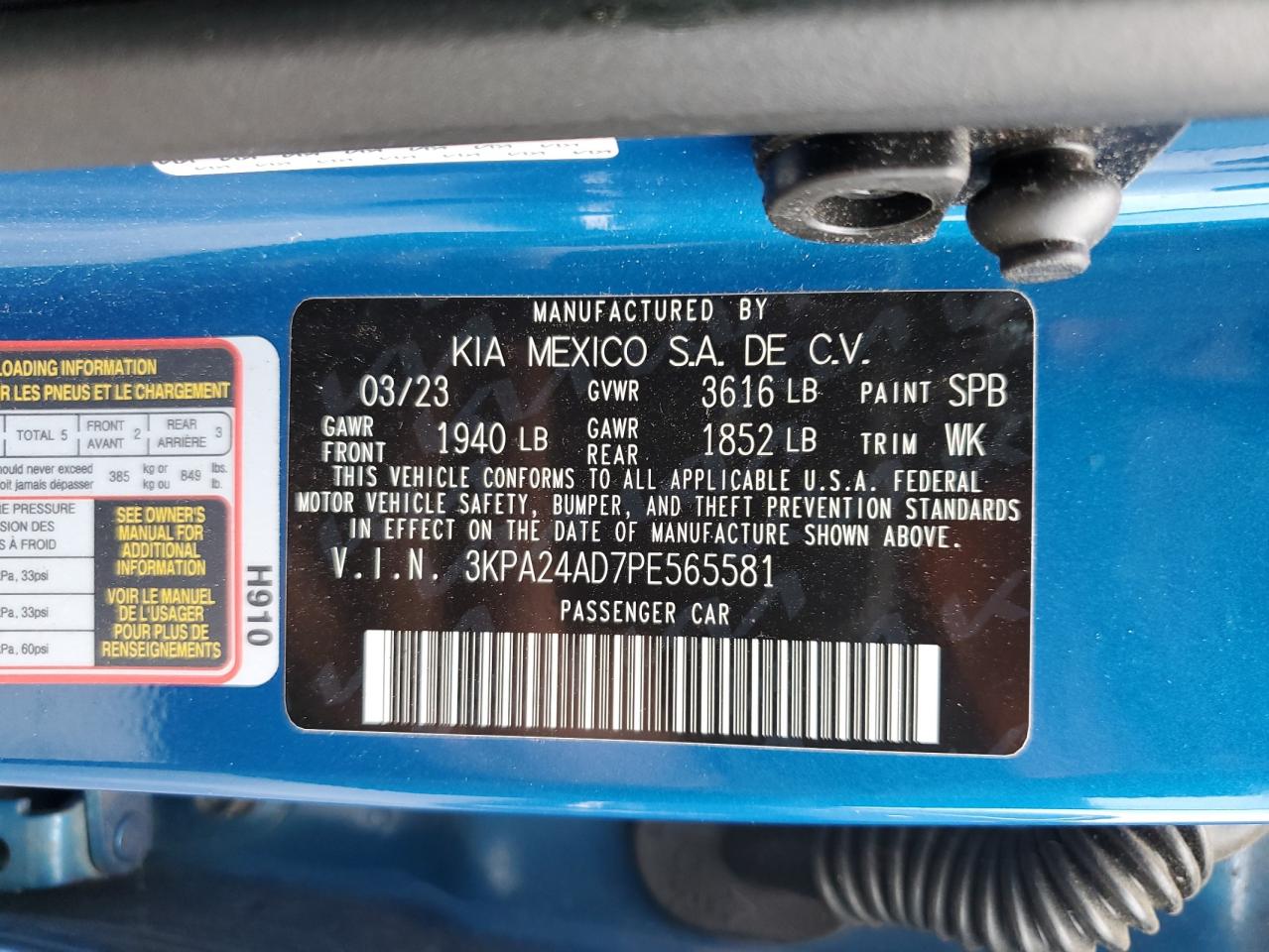 2023 Kia Rio Lx VIN: 3KPA24AD7PE565581 Lot: 80997275