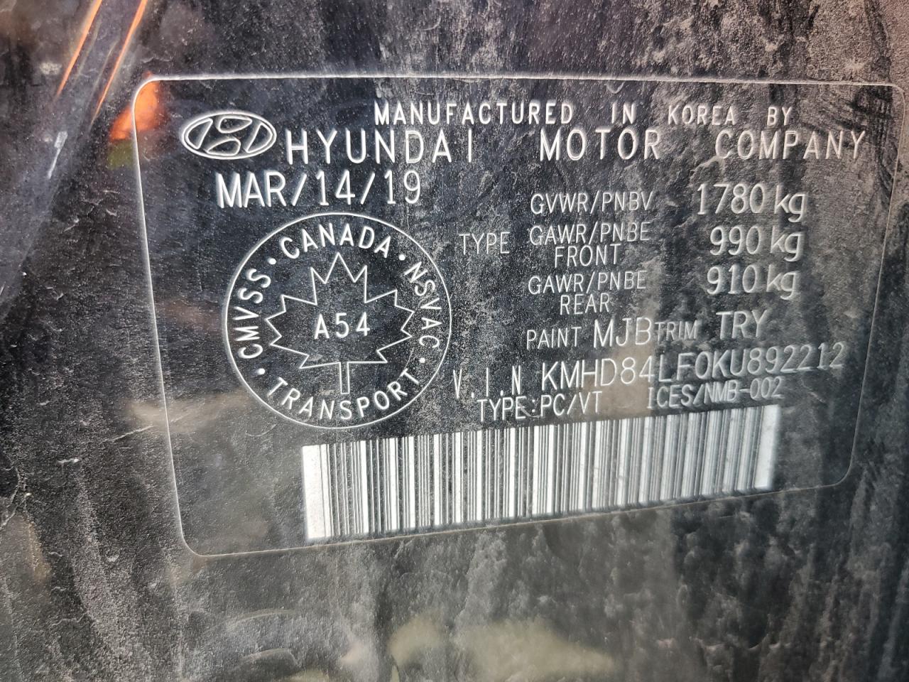 2019 Hyundai Elantra Sel VIN: KMHD84LF0KU892212 Lot: 71663375