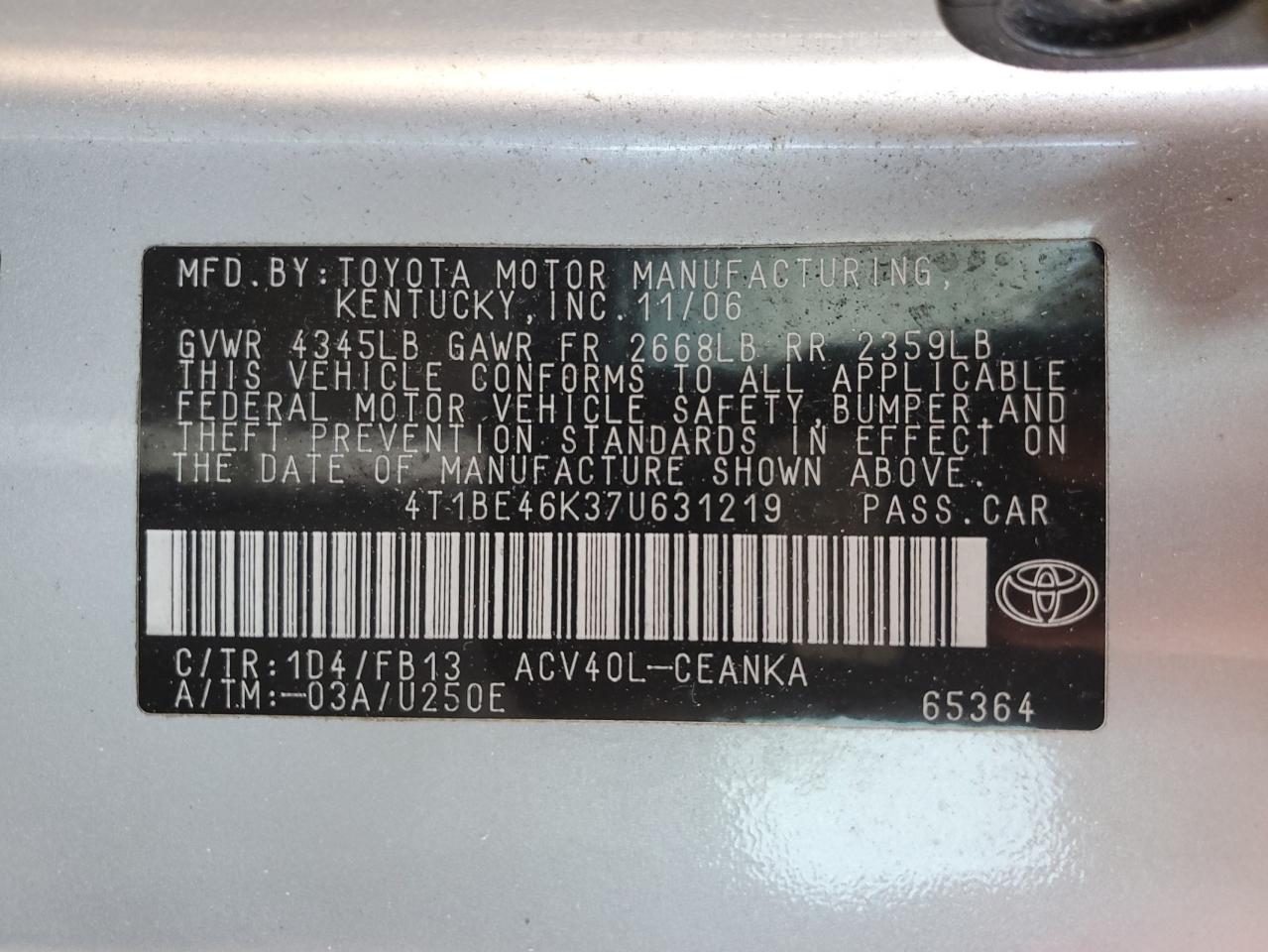 2007 Toyota Camry Ce VIN: 4T1BE46K37U631219 Lot: 71187845