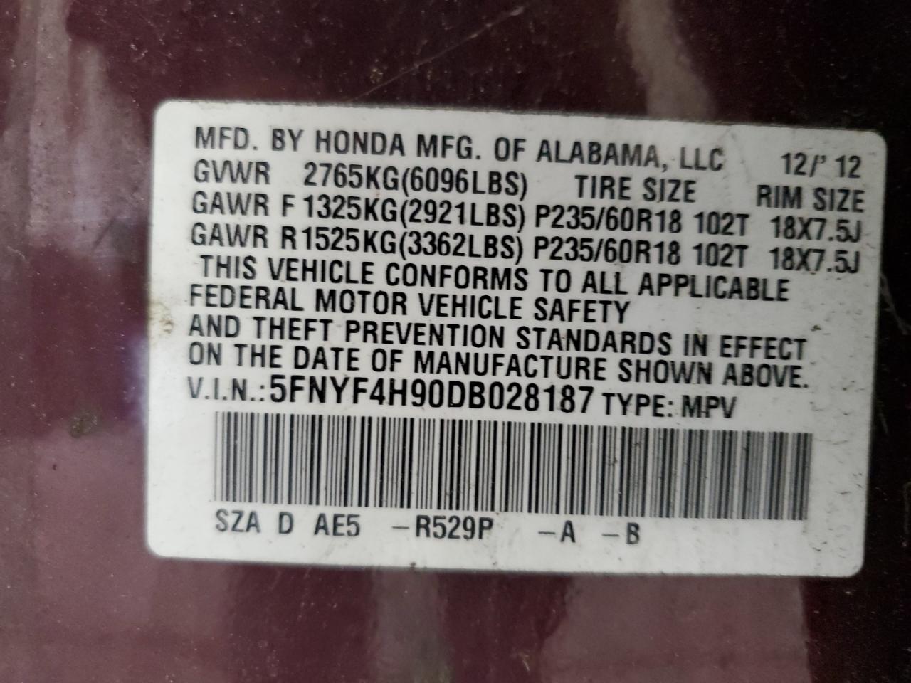 2013 Honda Pilot Touring VIN: 5FNYF4H90DB028187 Lot: 69673345