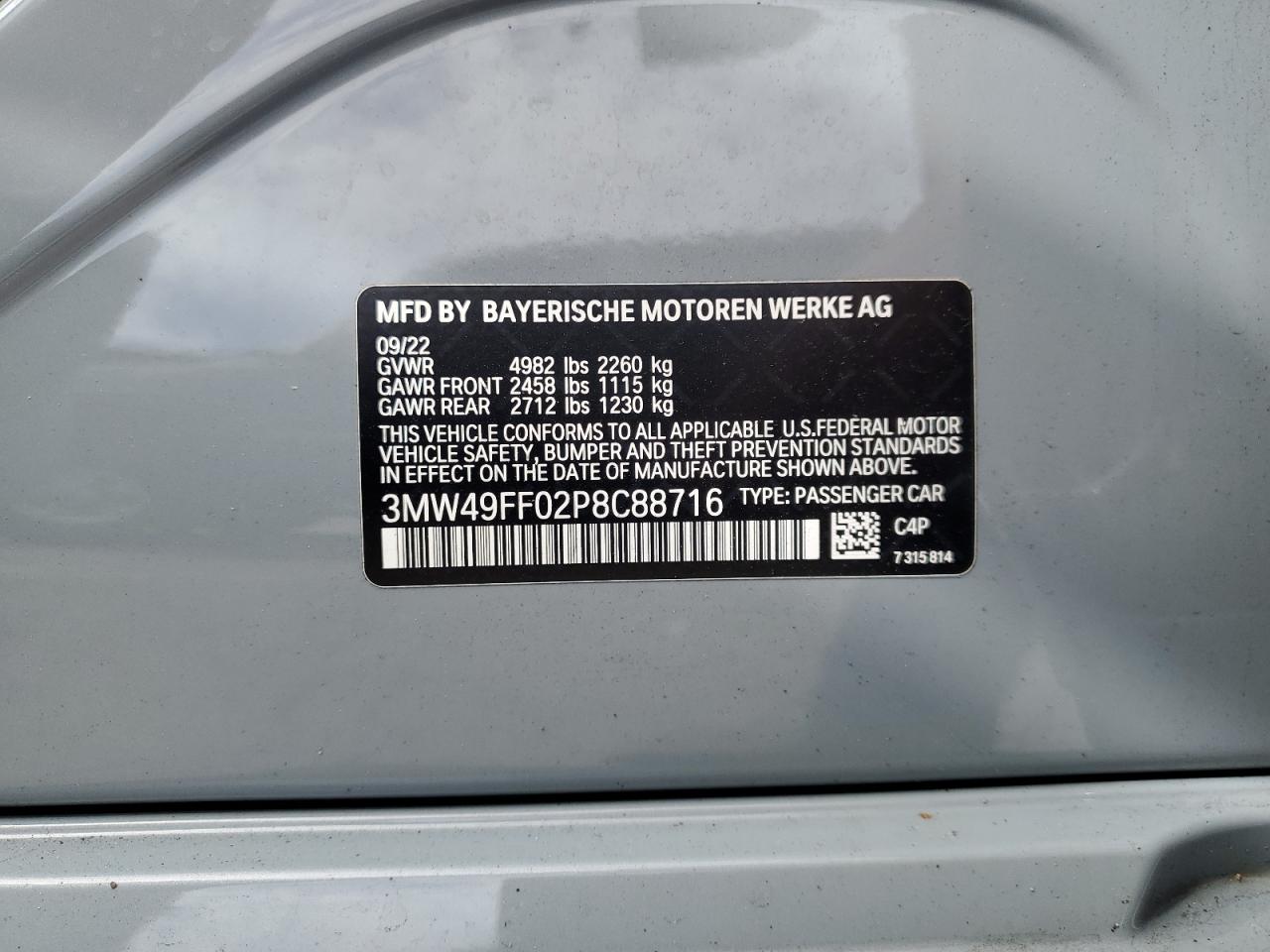 2023 BMW M340Xi VIN: 3MW49FF02P8C88716 Lot: 80727765