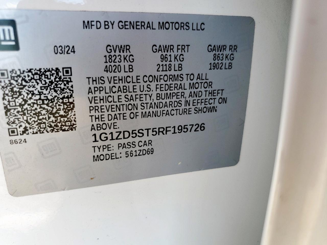 2024 Chevrolet Malibu Lt VIN: 1G1ZD5ST5RF195726 Lot: 71882165