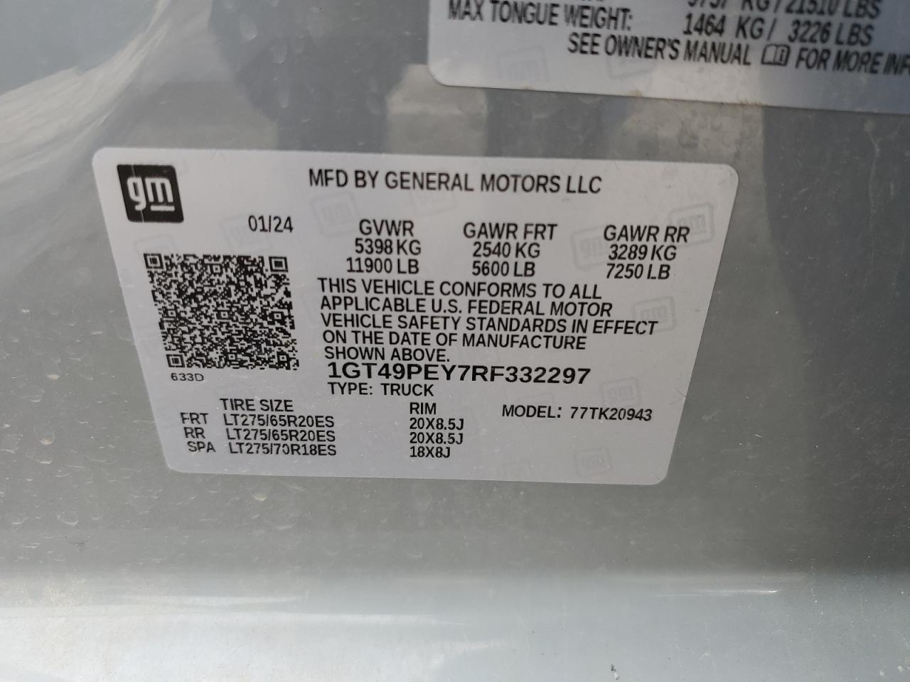 2024 GMC Sierra K2500 At4 VIN: 1GT49PEY7RF332297 Lot: 80910265