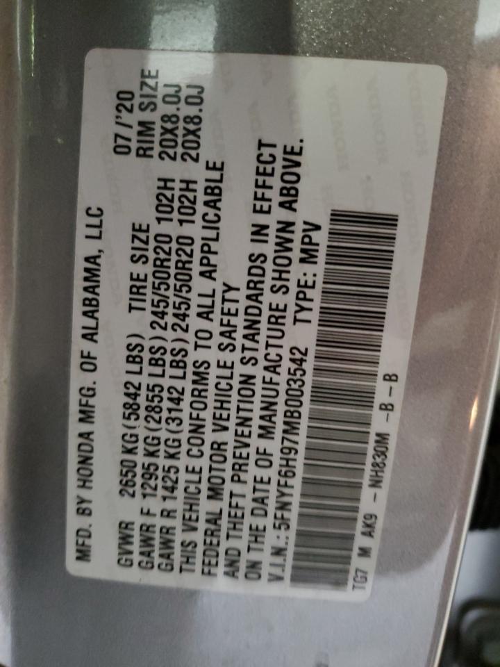 2021 Honda Pilot Touring VIN: 5FNYF6H97MB003542 Lot: 81593575