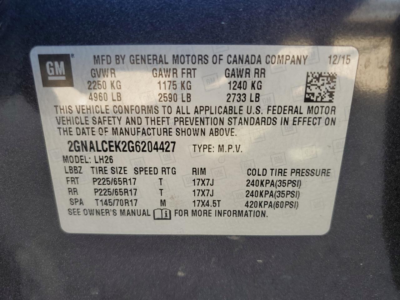 2016 Chevrolet Equinox Lt VIN: 2GNALCEK2G6204427 Lot: 83941215