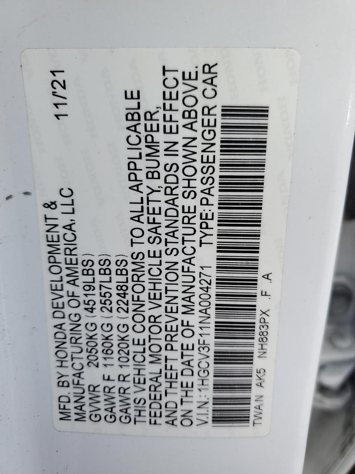 2022 Honda Accord Hybrid VIN: 1HGCV3F11NA004271 Lot: 80864695