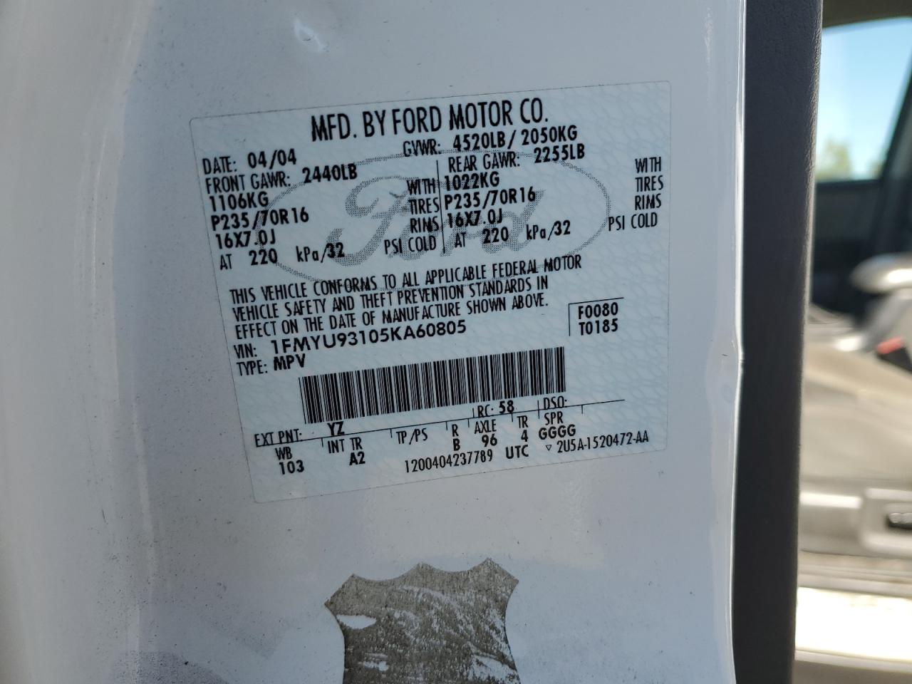 2005 Ford Escape Xlt VIN: 1FMYU93105KA60805 Lot: 82079365