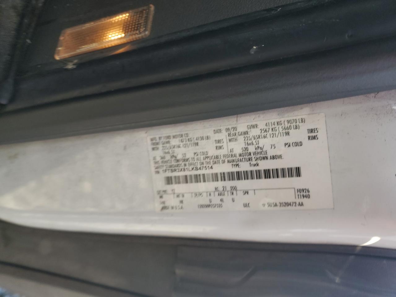 2020 Ford Transit T-250 VIN: 1FTBR3X81LKB47514 Lot: 81154865