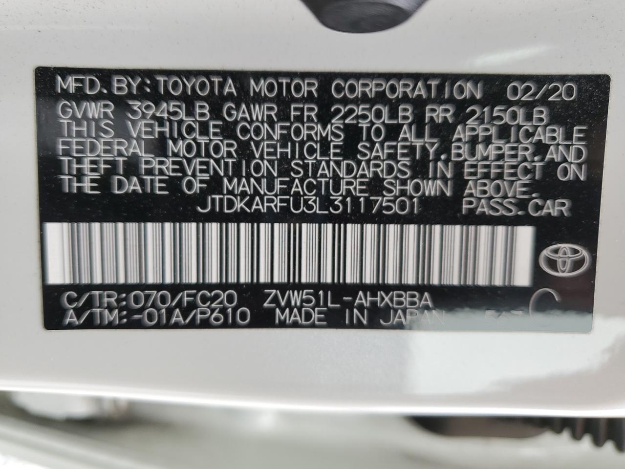 2020 Toyota Prius L VIN: JTDKARFU3L3117501 Lot: 81720245