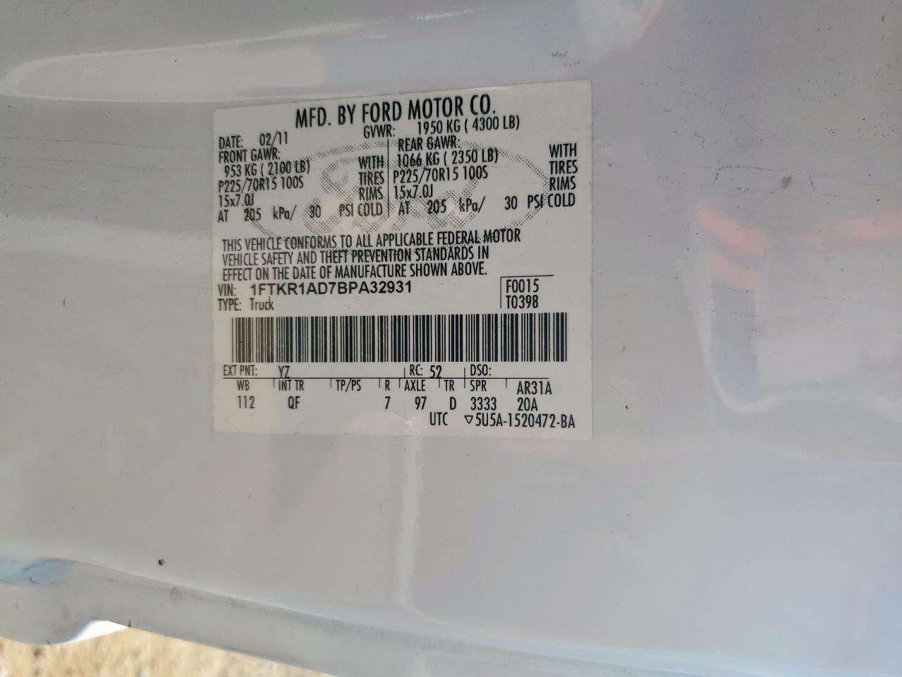 2011 Ford Ranger VIN: 1FTKR1AD7BPA32931 Lot: 82144965