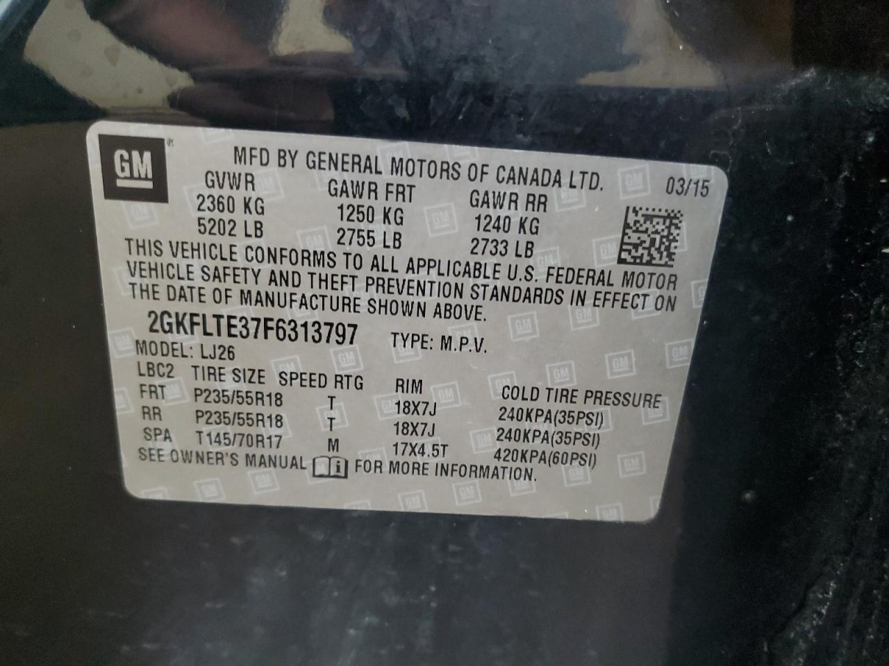 2015 GMC Terrain Slt VIN: 2GKFLTE37F6313797 Lot: 80695945