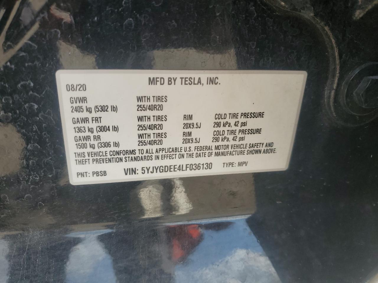 2020 Tesla Model Y VIN: 5YJYGDEE4LF036130 Lot: 81823985