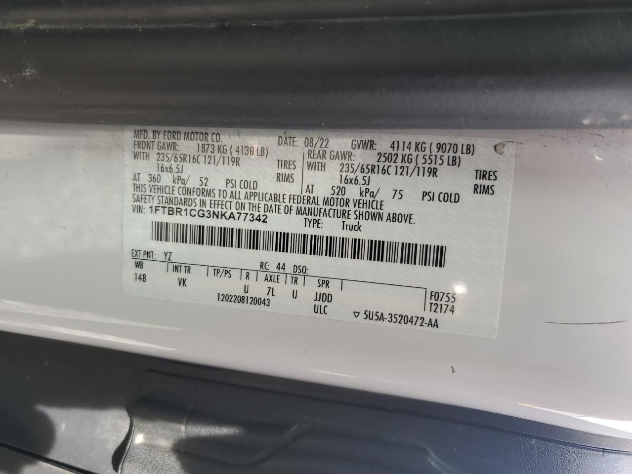 2022 Ford Transit T-250 VIN: 1FTBR1CG3NKA77342 Lot: 81572895