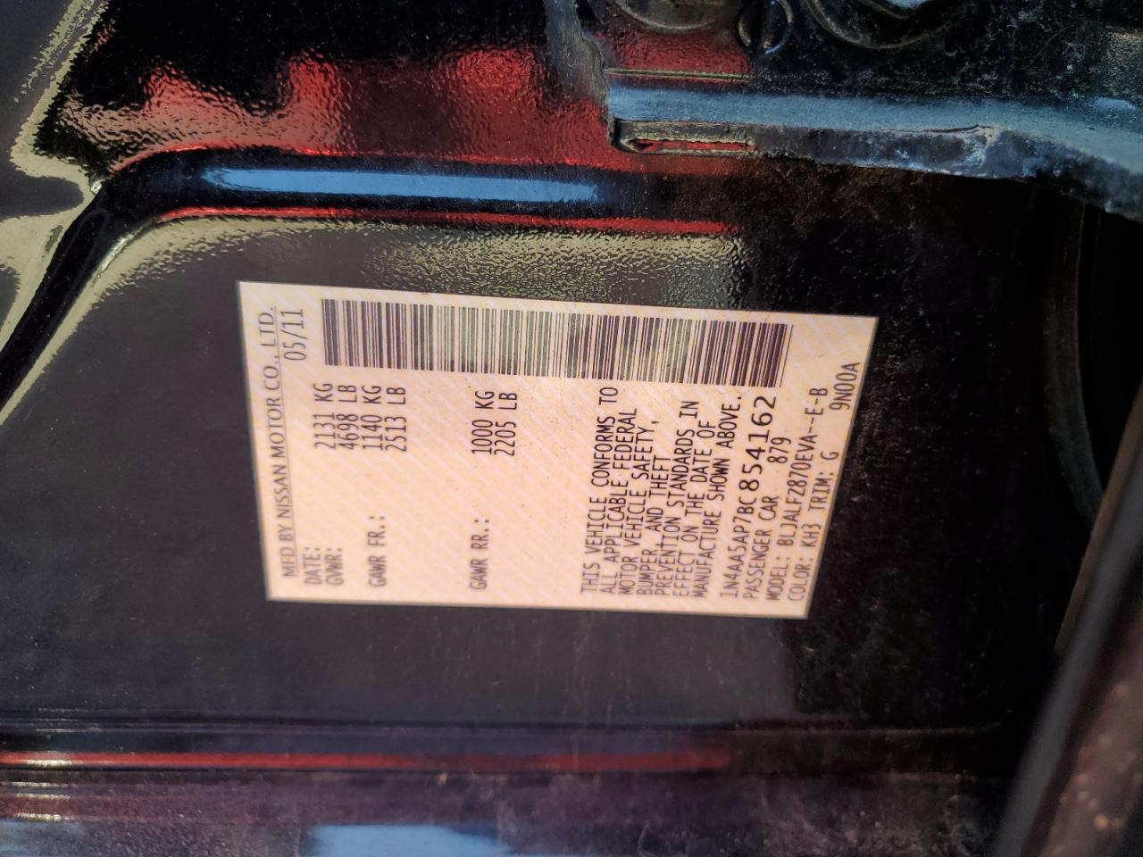 2011 Nissan Maxima S VIN: 1N4AA5AP7BC854162 Lot: 71998655