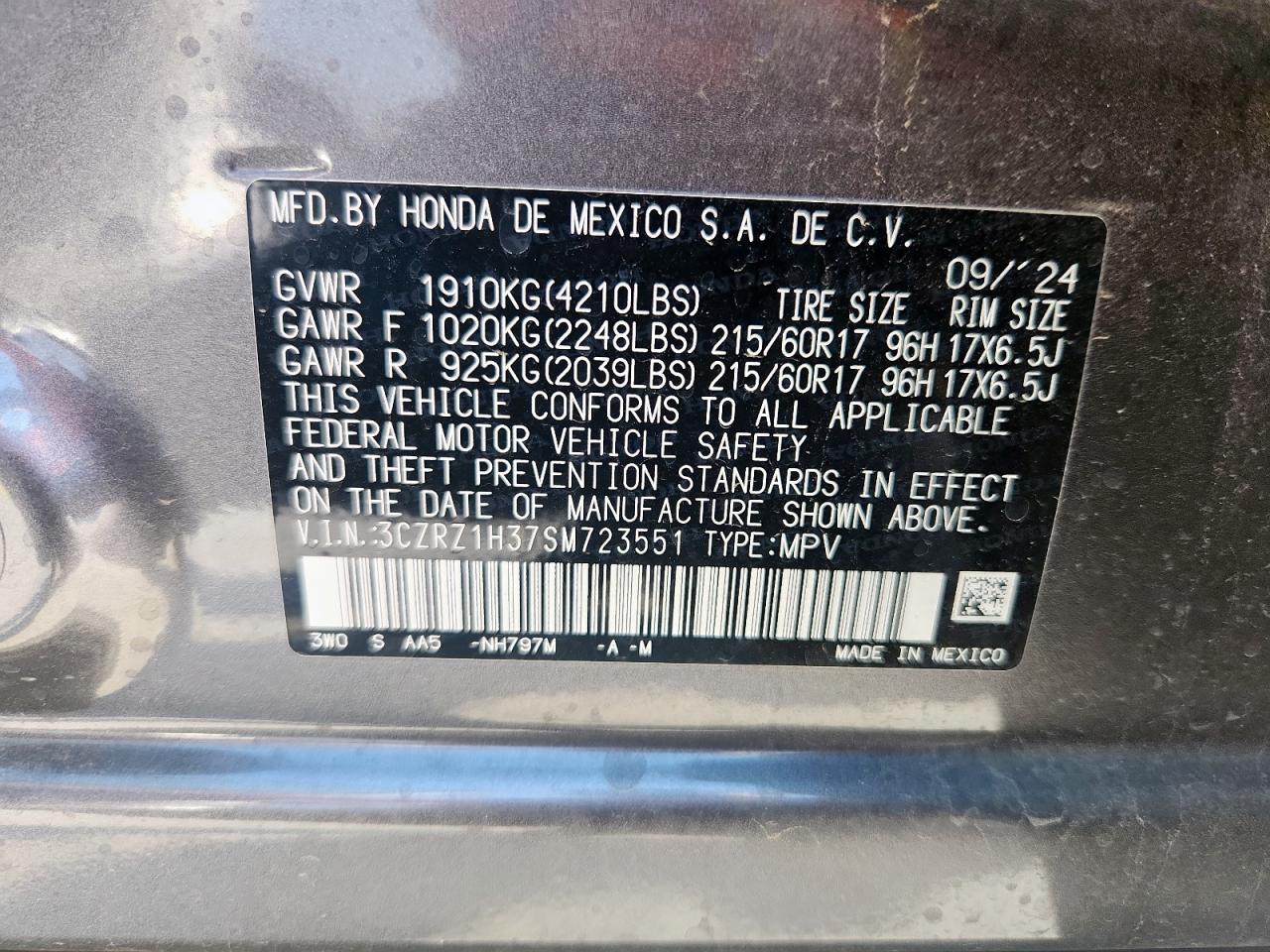 2025 Honda Hr-V Lx VIN: 3CZRZ1H37SM723551 Lot: 84058795