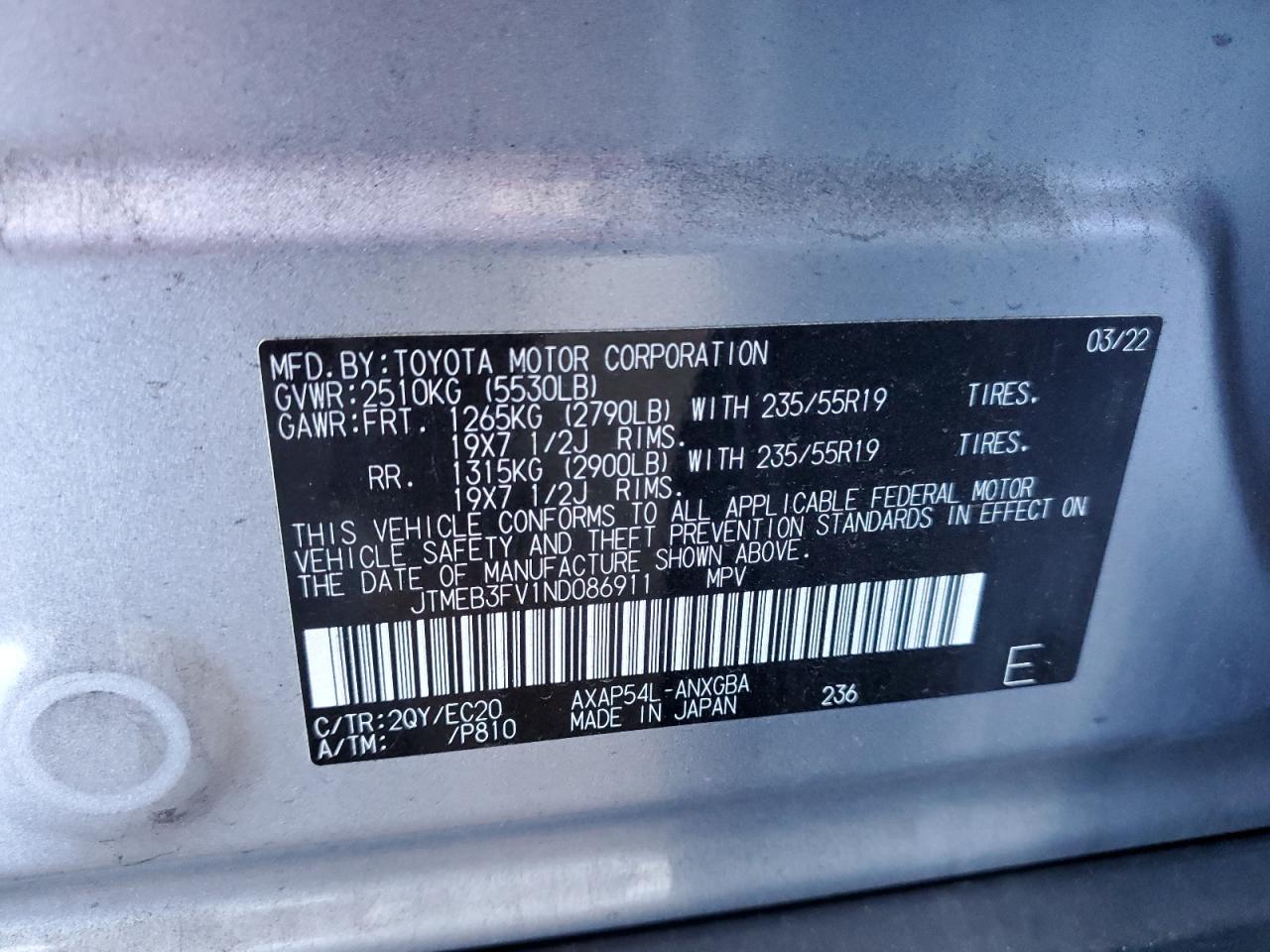 2022 Toyota Rav4 Prime Xse VIN: JTMEB3FV1ND086911 Lot: 71280865