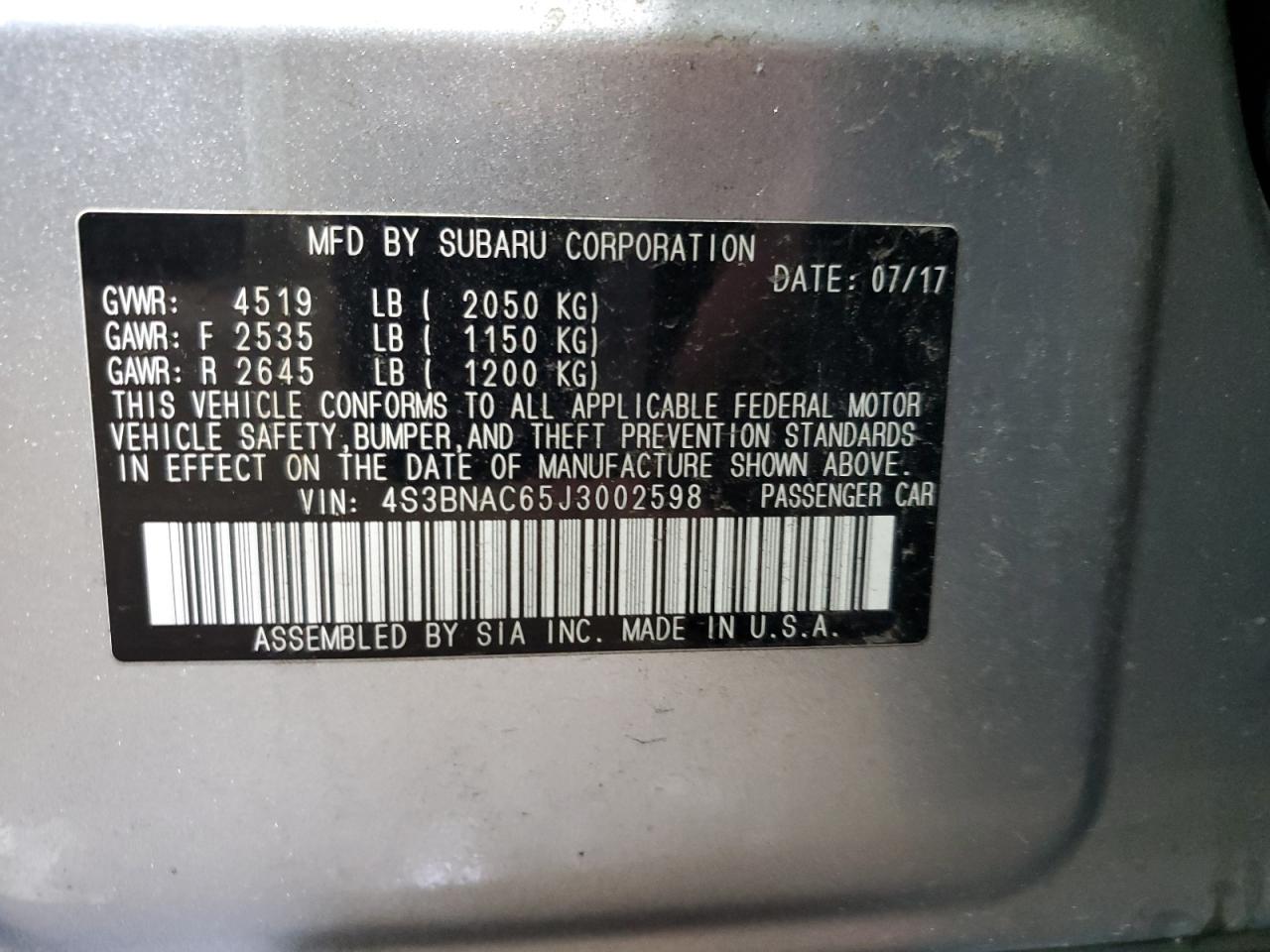 2018 Subaru Legacy 2.5I Premium VIN: 4S3BNAC65J3002598 Lot: 80175585