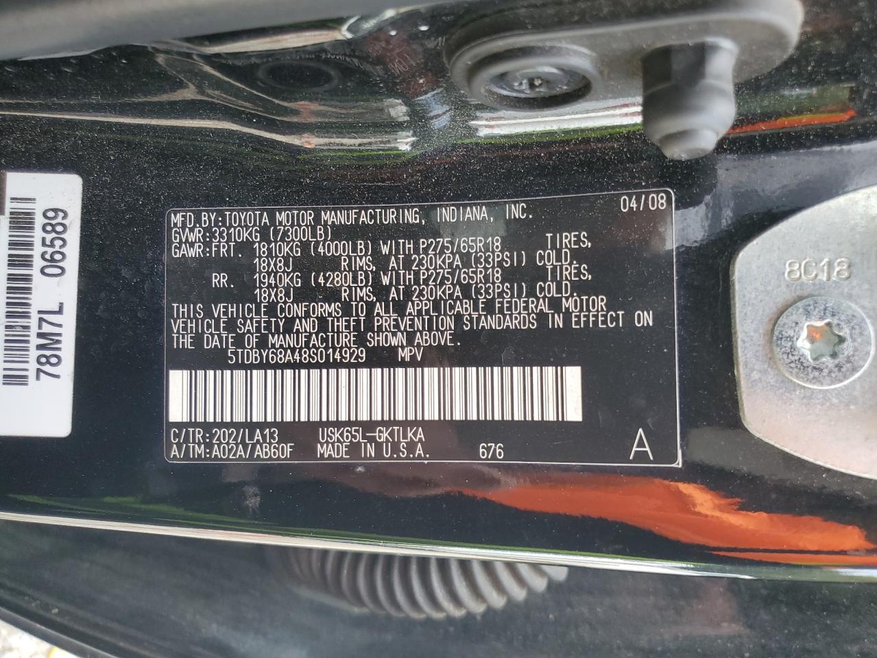 2008 Toyota Sequoia Limited VIN: 5TDBY68A48S014929 Lot: 82127935