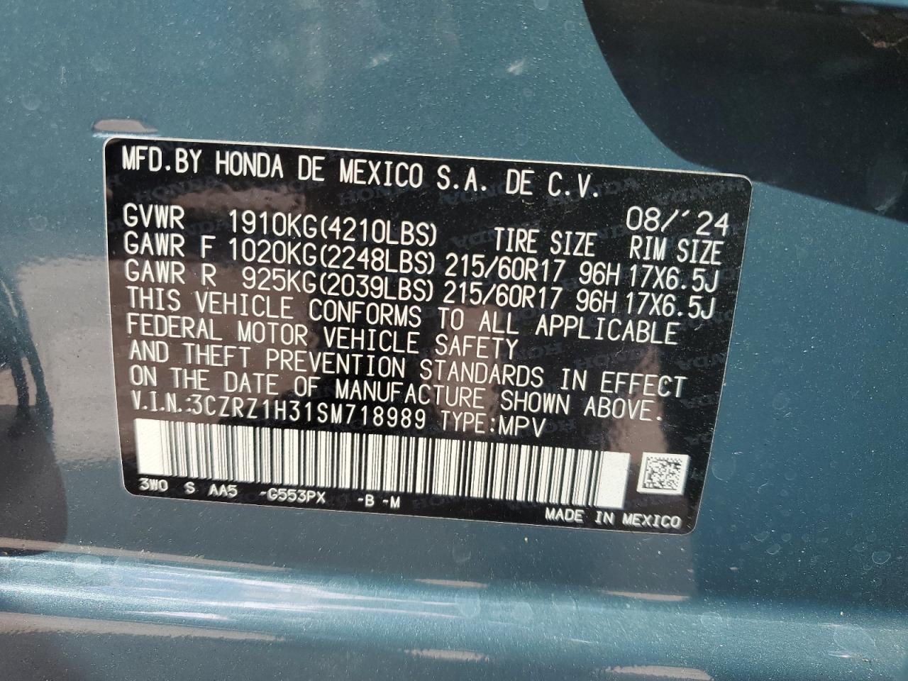 2025 Honda Hr-V Lx VIN: 3CZRZ1H31SM718989 Lot: 71118645