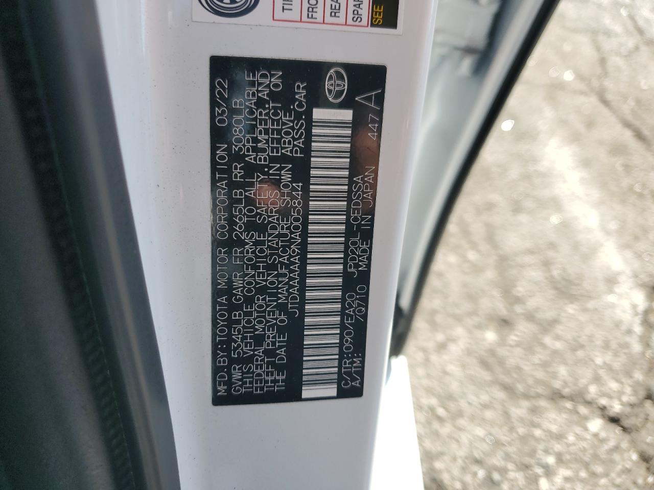 2022 Toyota Mirai Le VIN: JTDAAAAA9NA005844 Lot: 84598935