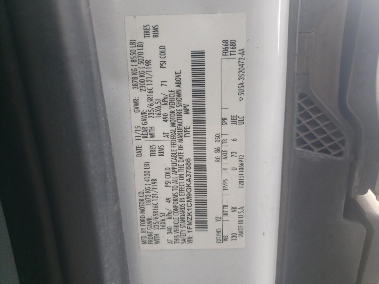 2016 Ford Transit T-150 VIN: 1FMZK1CM9GKA37886 Lot: 71578885