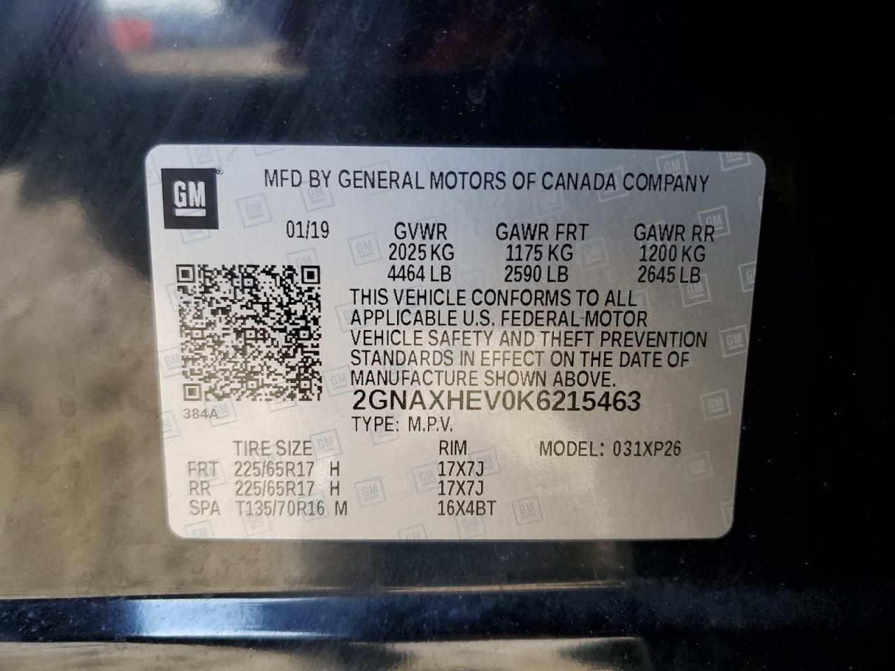 2019 Chevrolet Equinox Ls VIN: 2GNAXHEV0K6215463 Lot: 71800255