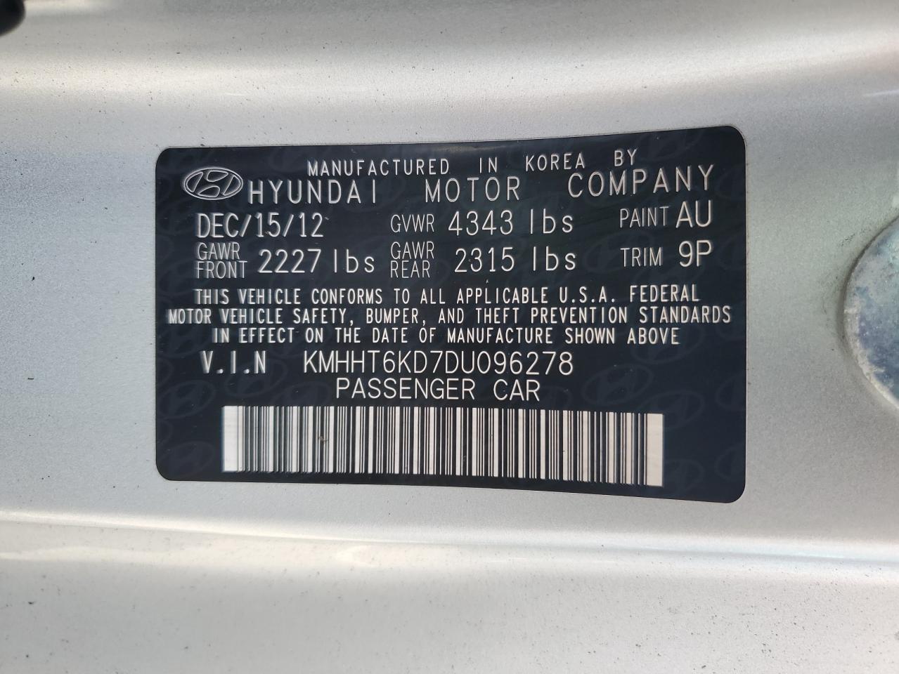 2013 Hyundai Genesis Coupe 2.0T VIN: KMHHT6KD7DU096278 Lot: 81417715