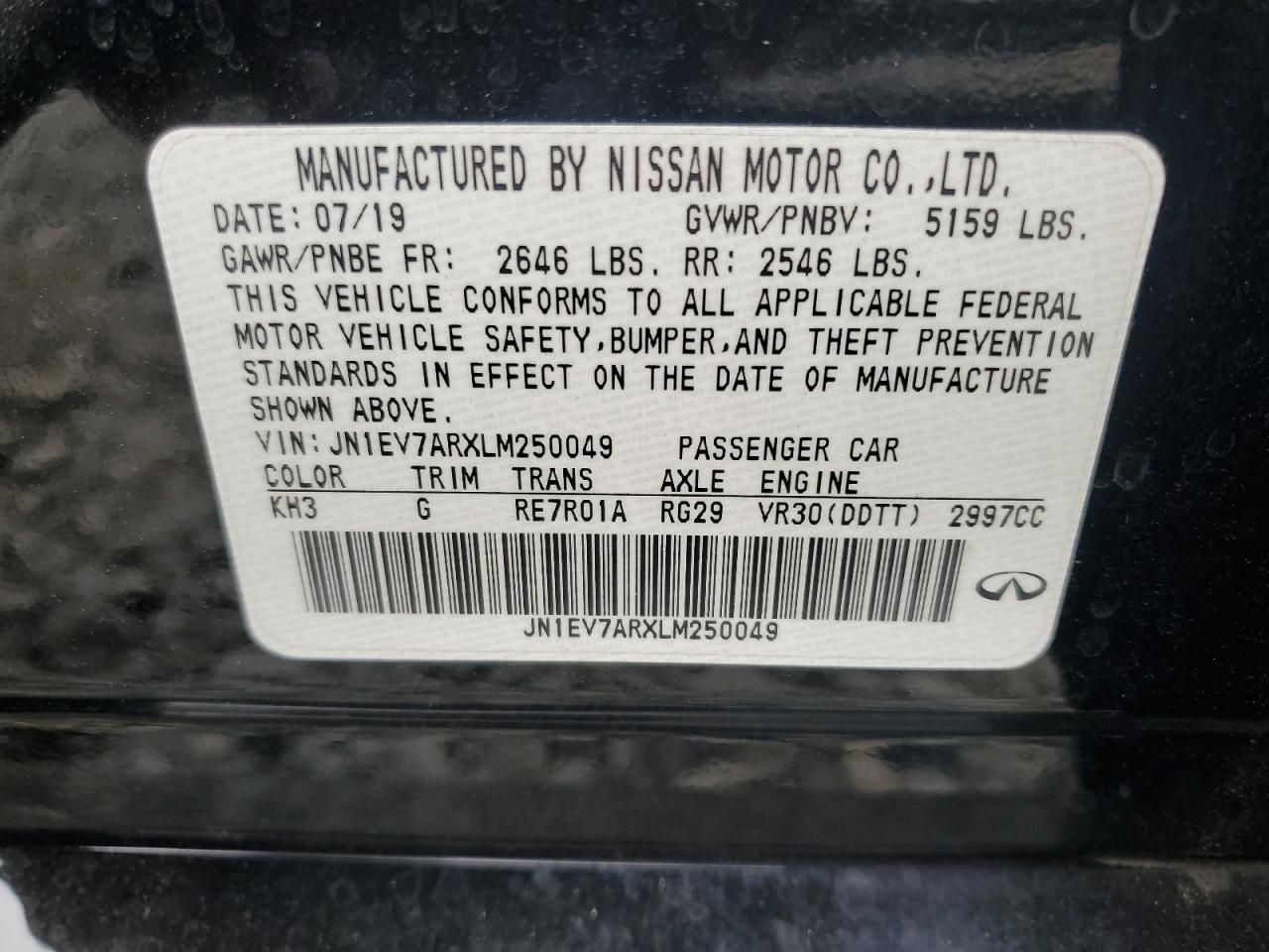 2020 Infiniti Q50 Pure VIN: JN1EV7ARXLM250049 Lot: 80919615