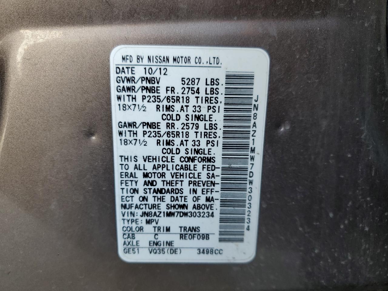 2013 Nissan Murano S VIN: JN8AZ1MW7DW303234 Lot: 84010825