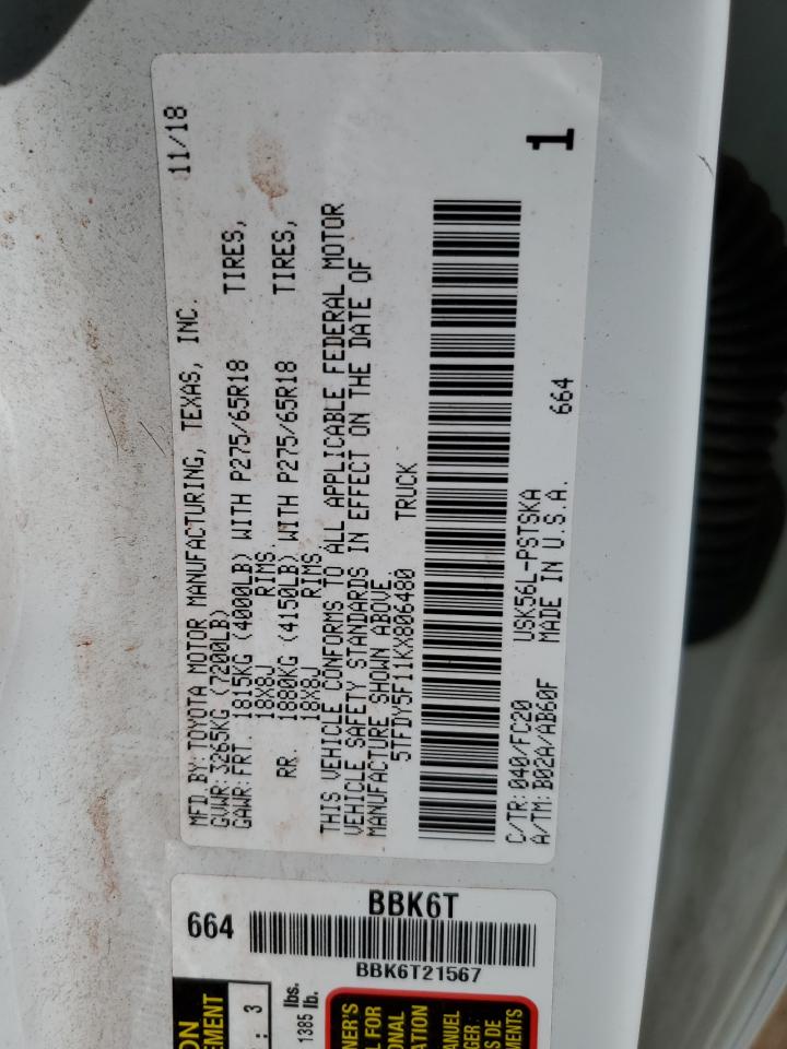 2019 Toyota Tundra Crewmax Sr5 VIN: 5TFDY5F11KX806480 Lot: 81332755