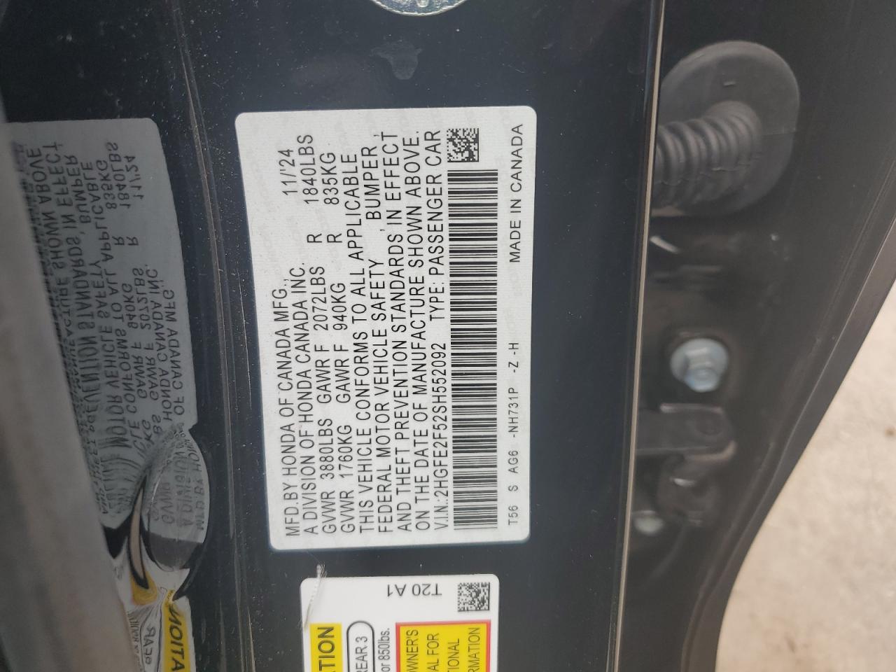 2025 Honda Civic Sport VIN: 2HGFE2F52SH552092 Lot: 84405985