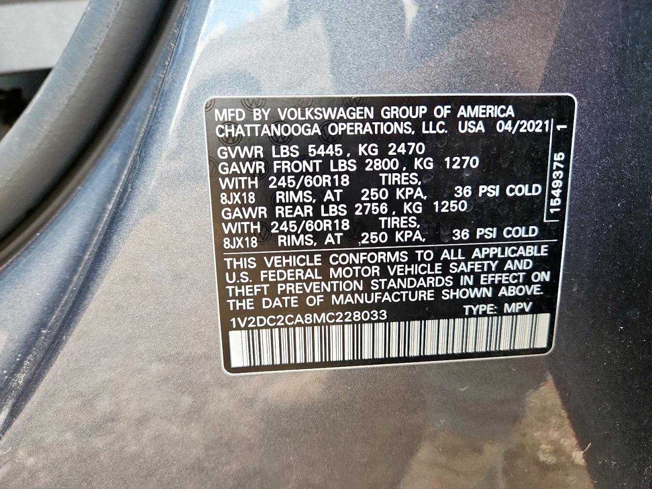 2021 Volkswagen Atlas Cross Sport Se VIN: 1V2DC2CA8MC228033 Lot: 80554555