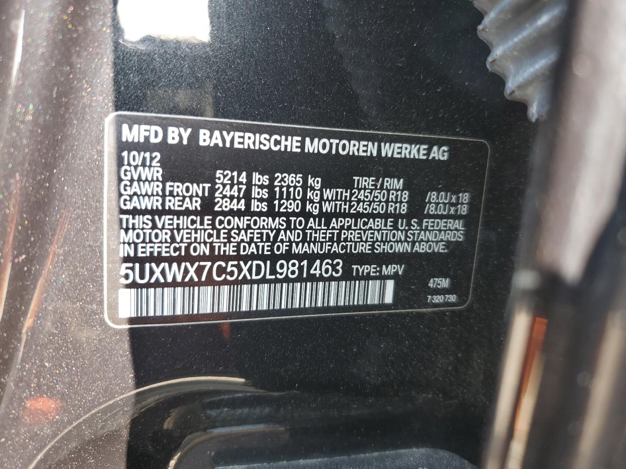 2013 BMW X3 xDrive35I VIN: 5UXWX7C5XDL981463 Lot: 71788035