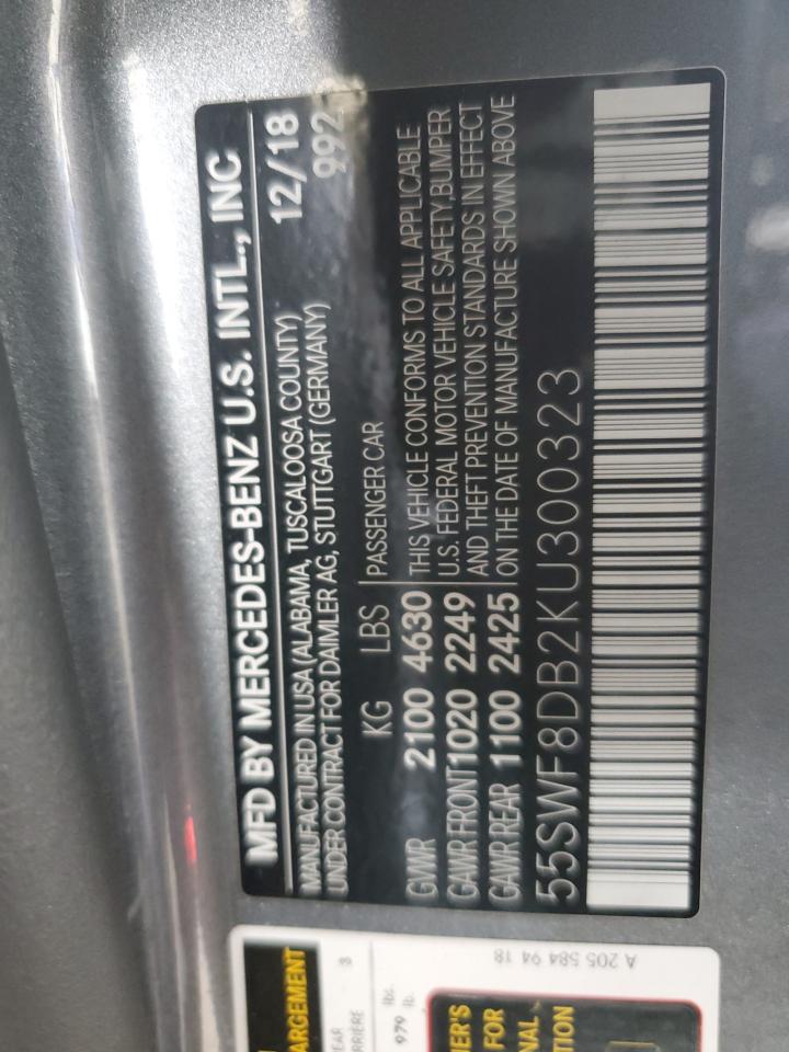 2019 Mercedes-Benz C 300 VIN: 55SWF8DB2KU300323 Lot: 72103005