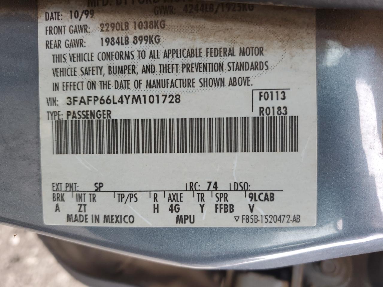 2000 Ford Contour Se VIN: 3FAFP66L4YM101728 Lot: 80343965