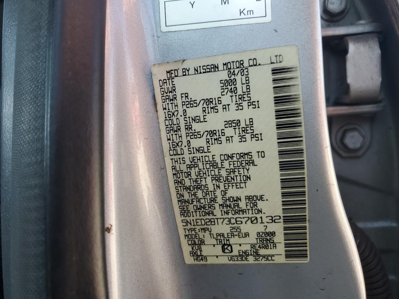 2003 Nissan Xterra Xe VIN: 5N1ED28T73C670132 Lot: 81311635