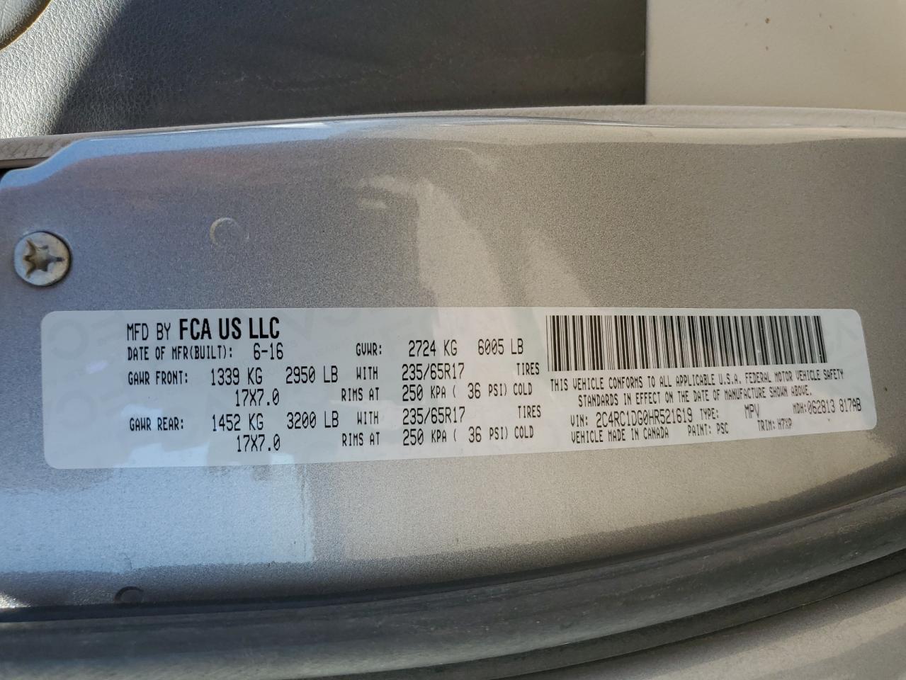 2017 Chrysler Pacifica Touring VIN: 2C4RC1DG0HR521619 Lot: 84253945