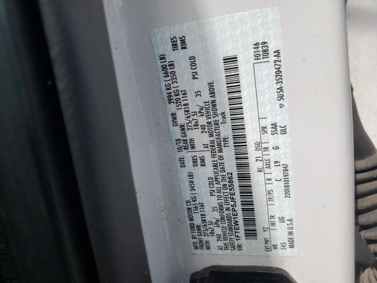 2018 Ford F150 Supercrew VIN: 1FTEW1EP5JFE55862 Lot: 71240185