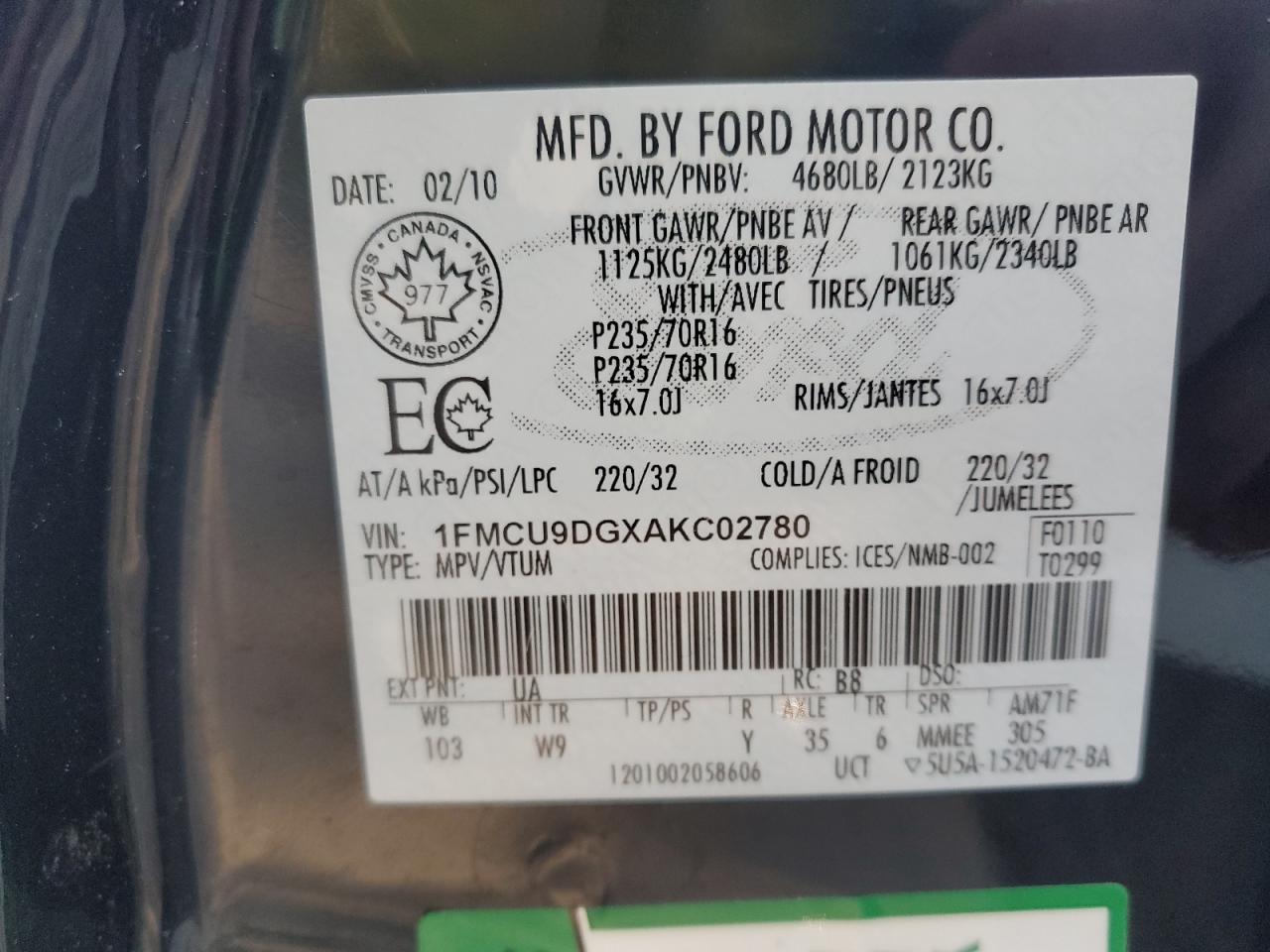 2010 Ford Escape Xlt VIN: 1FMCU9DGXAKC02780 Lot: 80535725
